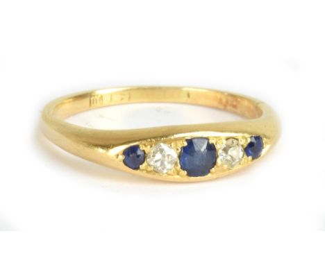 A yellow metal five stone dress ring set with sapphires and diamonds, size L 1/2, approx 3.3g.Additional InformationGeneral s