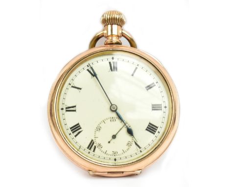 A gold plated crown wind open face pocket watch, the white enamel dial set with Roman numerals and subsidiary seconds hands, 