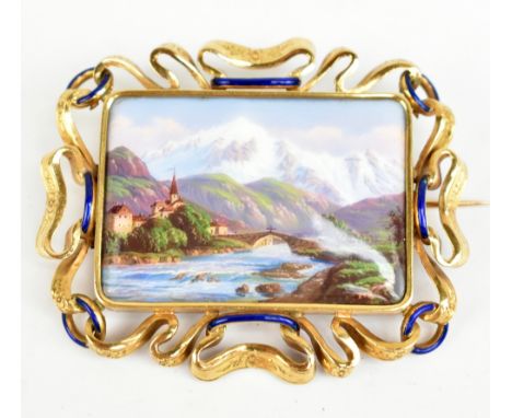 A mid-late 19th century Swiss yellow metal blue enamel and painted enamel decorated landscape brooch, centered with a rectang