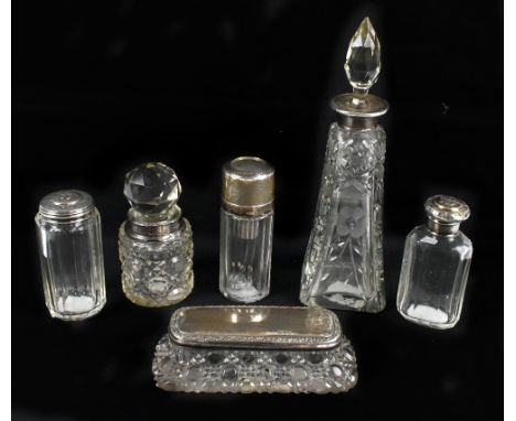 Six cut glass silver mounted dressing table items, including an atomiser (af), rectangular jar and cover, etc.Additional Info