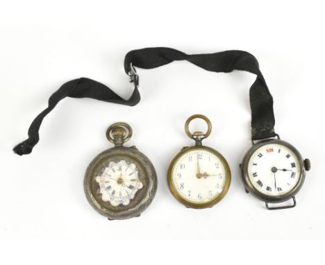 A silver fob watch, the enamelled dial set with Roman numerals, engraved with initials 'MEA' to the reverse (af), a gun metal