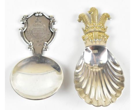ROBERTS &amp; BELK; an Elizabeth II hallmarked silver caddy spoon, with gilt crown finial and shell bowl, Sheffield 1981, and