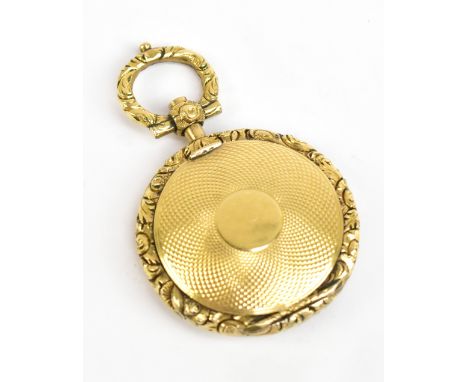A 19th century yellow metal mourning vinaigrette with engine turned detail, the hinged cover enclosing a pierced gilt grill w