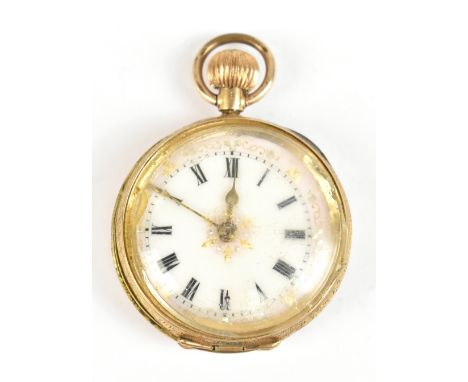 An 18ct yellow gold crown wind fob watch, the white enamel dial set with Roman numerals, diameter 37.7mm, approx 31.9g (very 