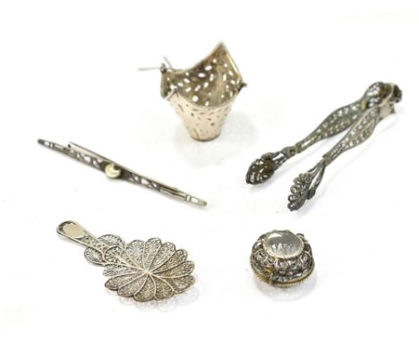 A miniature white metal pierced basket with stamped branch mark and letter C, height 4.2cm, a brooch set with Baroque pearl, 