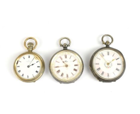 Two silver key wind fob watches with enamel dials set with Roman numerals, and a silver gilt fob watch with white enamel dial