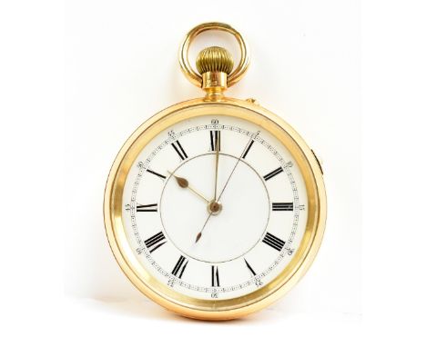 An 18ct yellow gold crown wind open faced pocket watch, the white enamel dial set with Roman numerals and stop start side but
