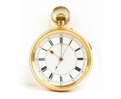 An 18ct yellow gold crown wind open faced pocket watch, the white enamel dial set with Roman numerals and stop start side but