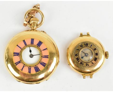 An 18ct yellow gold crown wind half hunter pocket watch with outer pink and blue enamelled chapter ring, the inner white enam