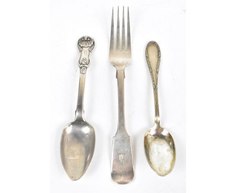 A George IV Scottish hallmarked silver dessert spoon engraved with the initial R to the terminal, Glasgow 1826, a French spoo