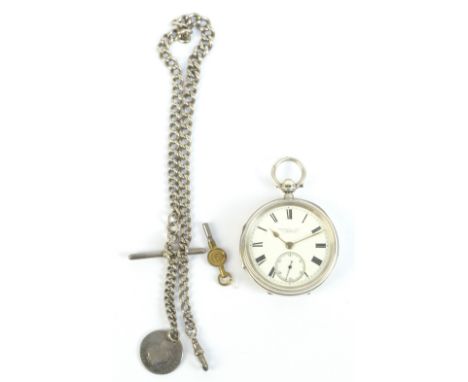 RUSSELL'S OF LIVERPOOL; a late Victorian hallmarked silver key wind open face pocket watch, the white enamelled dial set with