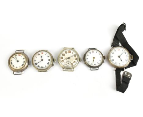 Five various silver wristwatches, each with white enamel dial set with Arabic or Roman numerals (5).Additional InformationNon