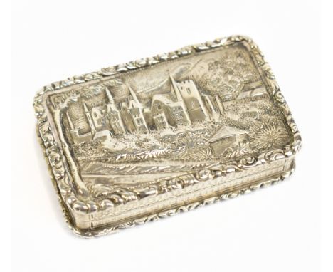 TAYLOR &amp; PERRY; a William VI hallmarked silver castle top vinaigrette, decorated with a scene of Abbotsford House (the ho