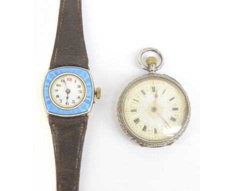 A 1930s gold plated lady's wristwatch with blue guilloche decorated frame and white enamel dial set with Arabic numerals, als