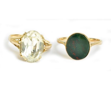 A 9ct yellow gold and oval bloodstone set ring, size M, and a 9ct yellow gold dress ring, size M 1/2, combined approx 4.6g (2