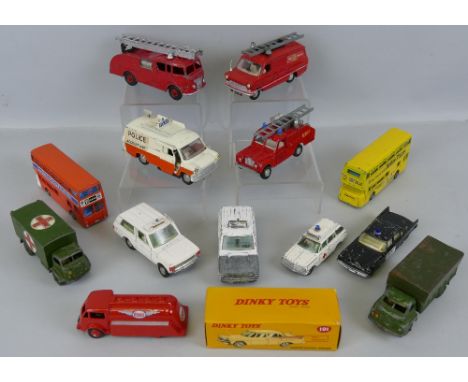 Dinky - twelve unboxed and playworn models, including Fire Engine No.955, Police Accident Unit and Fire Service transit vans,