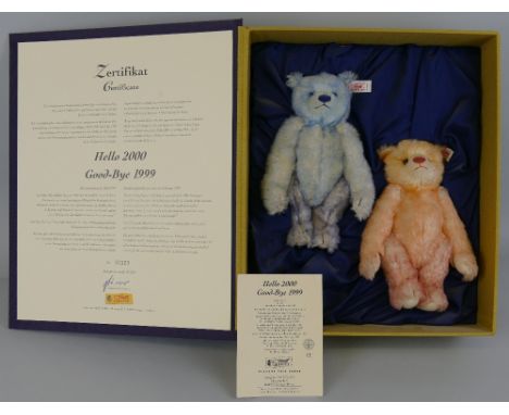 Steiff limited edition Hello 2000/Goodbye 1999 pair of teddy bears, No.3123, each 23cm high, purple book shaped box with cert