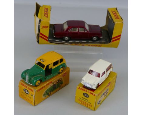 Dinky - Vauxhall Victor 101, No.151, part box, Morris Mini-Traveller No.197, boxed, and Austin Taxi No.254, poor box (3)