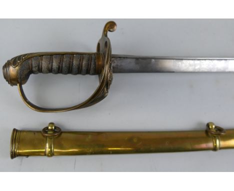 A William IV British Infantry Officer's pattern 1822 sword, with slightly curving pipe back steel blade etched with the royal