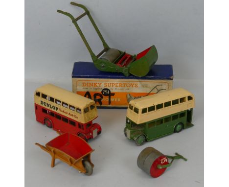 Dinky - Lawn Mower, No.751, boxed, with defaced box and model, two double decker buses with defaced base plates, wheelbarrow 