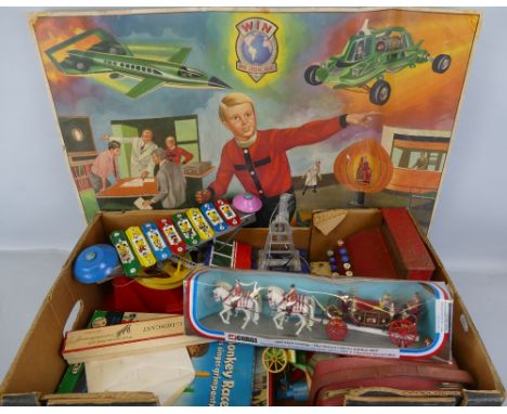 Miscellaneous toys, including Sooty tin-plate zylophone 36cm long, boxed Corgi die-cast 1902 State Landau no.41, continental 