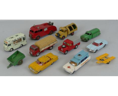 Corgi/Dinky - seven unboxed and playworn Corgi models, including Smith's Karrier Shop, Commer 5-ton wagon with cement bags ca