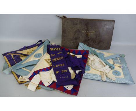 A Masonic apron and gloves, in leather carrying case inscribed Bro. C.N. Thirkettle, St. Cuthbert's Lodge No.630 Howden, toge