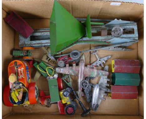 Gama West Germany tin-plate clockwork "Funny Harry" tractor, 13cm long, another tin-plate toy as a hopper fed wagon on a slop