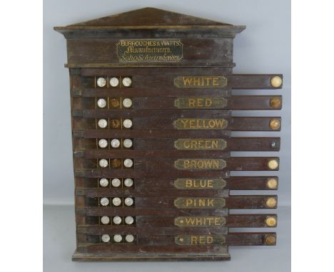 Billiards - Burroughes and Watts wall mounting mahogany billiards scoreboard, of architectural form with arched top over a pl