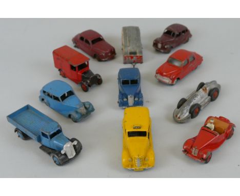 Dinky - eleven unboxed and playworn models, including Royal Mail Van, MG Midget, Spirit of the Wind racing car, Vauxhall Velo