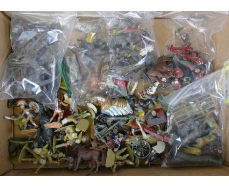 A quantity of playworn die-cast and plastic figures, by Britains, Johillco, Timpo etc including soldiers, farm and zoo animal