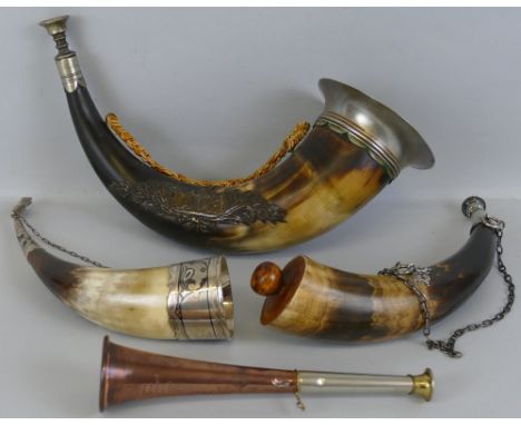 An Ancient Order of Foresters horn, with nickel mounts and applied yellow metal AOB crest inscribed C. Tutill 36cm long, a Ru