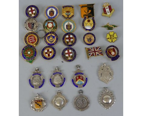 Football - three hallmarked silver and enamel Driffield Football League fobs, five other silver fobs and a quantity of bowlin