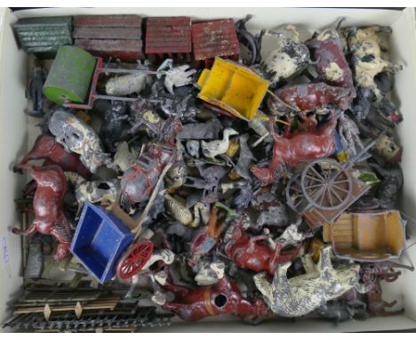 Lead figures - quantity of playworn models by Britains, Johillco, predominantly farm animals together with horse drawn carts,