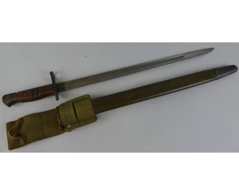 WWI American Remington bayonet, the 42.5cm steel blade dated 1917, in scabbard with WW2 Home Guard PO8 frog, 58.5cm overall