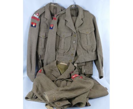 Two Royal Army Ordnance Corp Officer's battle dress uniforms, 1949 pattern size 12 with 3 pairs of trousers sizes 2x11 and 14