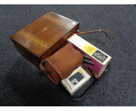 A tray of wooden table box, riding crop, vintage camera, Stylophone