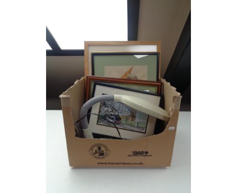 A box of angle poise lamp, pictures and prints, watercolour study of steam trains etc 