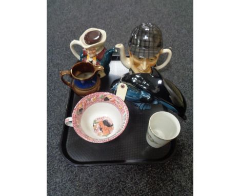A tray of Poole dolphin, copper lustre jug, Woods Sherlock Holmes teapot etc 