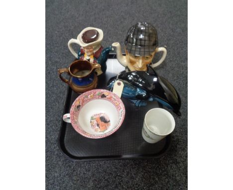 A tray of Poole dolphin, copper lustre jug, Woods Sherlock Holmes teapot etc 