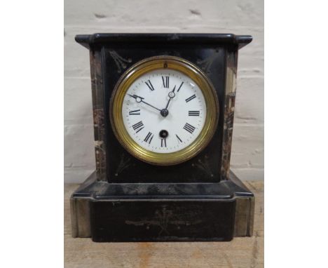 A Victorian black slate mantel clock with enamelled dial 