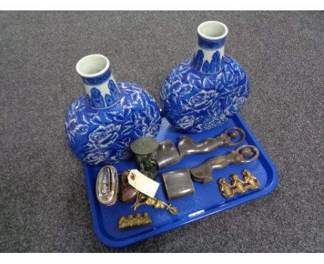 A tray of pair of Ironstone blue and white moon vases, table lighter, bronze figure, oriental man etc 