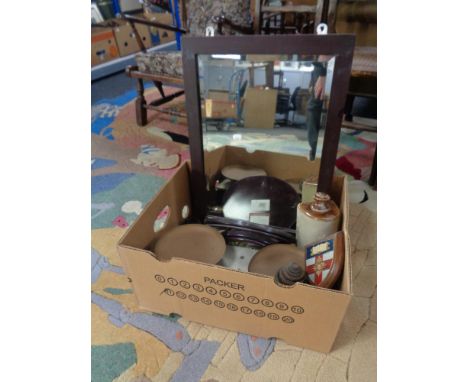 A box of Edwardian framed mirror, antique scales, Deco mantel clock, stoneware hot water bottle etc 