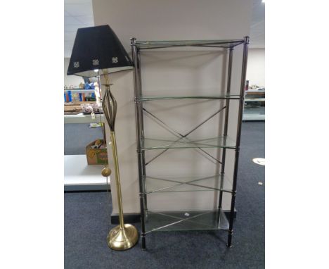 Set of contemporary metal and glass fiver tier shelves and a floor lamp 