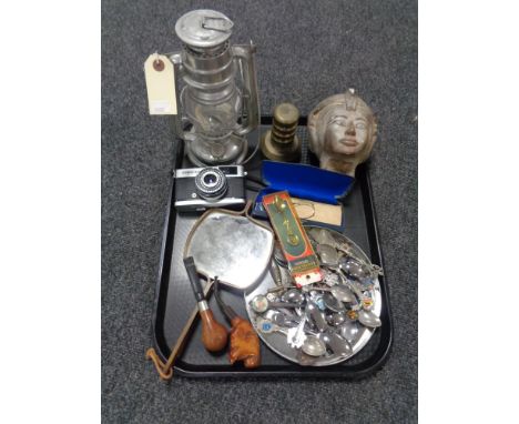 A tray of crested tea spoons, Olympus trip 35mm camera, mid century rosewood hand mirror, pipe etc 