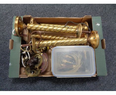 A box of brass twist column lamps, lamp fittings, wires etc 