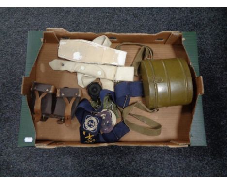 A box of military items, pocket compass, food canteen, sew on patches etc 