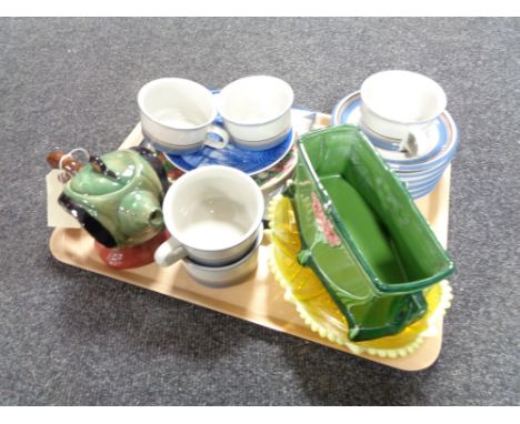 A tray of china, Beswick Sairey Gamp tea pot, Royal Copenhagen calendar plate, Finish tea china, planter etc 