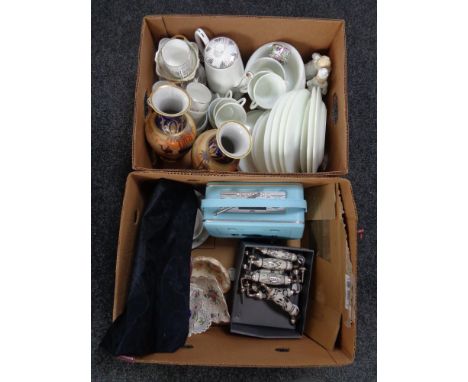 Two boxes of Noritake vases, hunting scene tea china, retro radio, metal and ceramic cabinet handles etc 