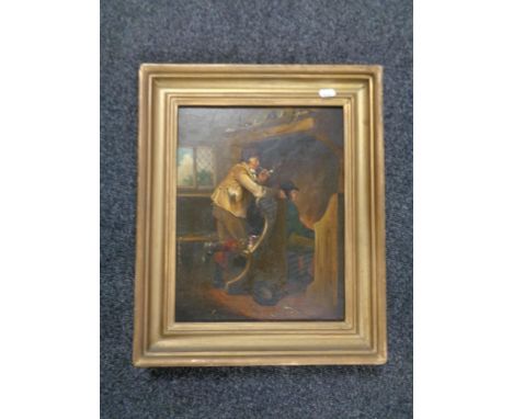 A gilt framed oil on board of a man smoking a pipe in a tavern 